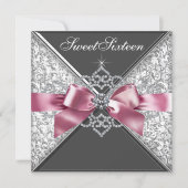 Pink Black Diamond Bow Sweet 16 Birthday Party Invitation (Front)