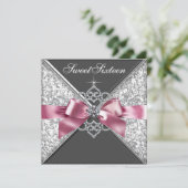 Pink Black Diamond Bow Sweet 16 Birthday Party Invitation (Standing Front)