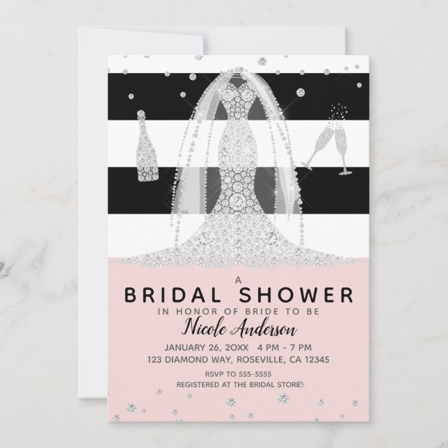Pink Black Diamond Wedding Dress Bridal Shower Invitation (Front)