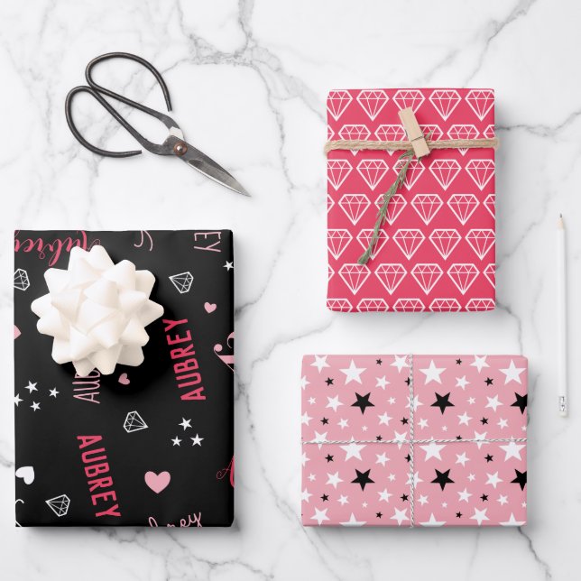 Pink Black Diamonds Hearts Stars Add Name Wrapping Paper Sheets (Front)