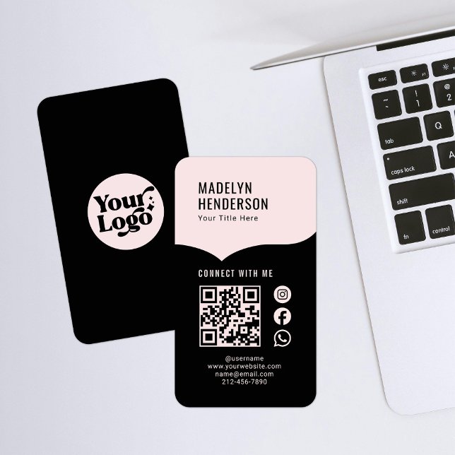Pink Black Digital Connect QR Code Social Media Business Card (Creator Uploaded)