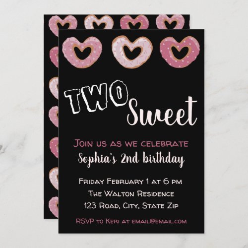 Pink  Black Donut Girl Second Birthday  Invitatio Invitation