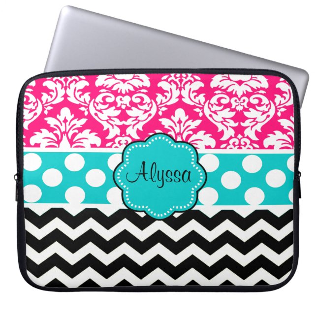 Pink Black Dot Damask Chevron Personalized Laptop Sleeve (Front)
