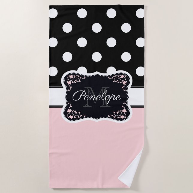 Pink & Black Dots Beach Towel (Front)