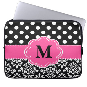 Pink Black Dots Damask Monogram Laptop Sleeve
