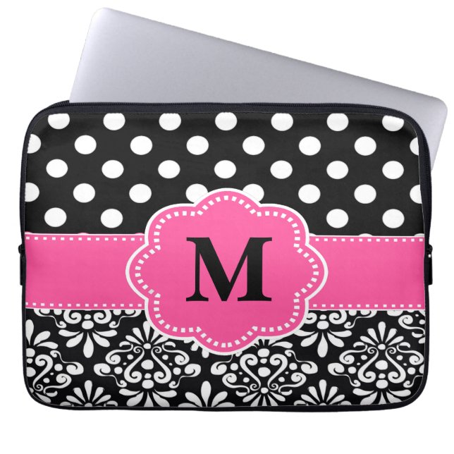 Pink Black Dots Damask Monogram Laptop Sleeve (Front)