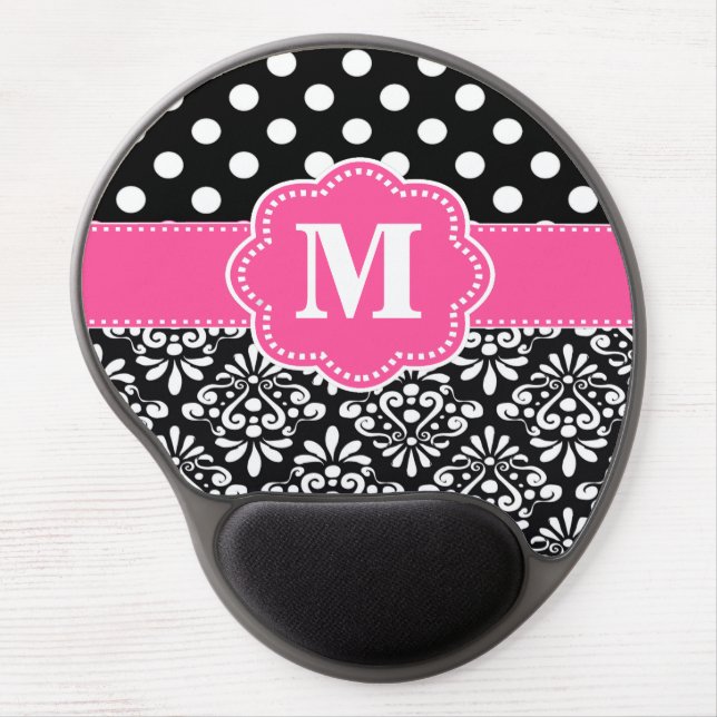 Pink Black Dots Damask Monogram Mousepad (Front)