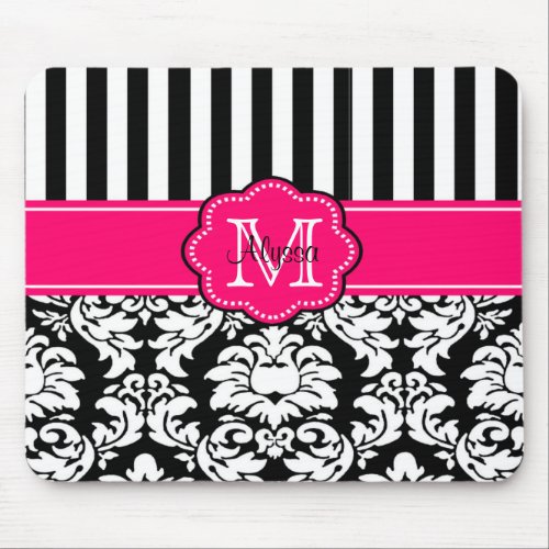 Pink Black Dots Damask Personalized Mousepad