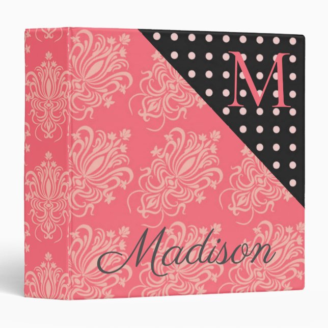 Pink Black Dots Damask Trendy Monogram Initial 3 Ring Binder (Front/Spine)