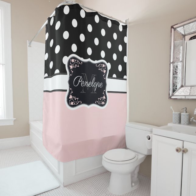 Pink & Black Dots Shower Curtain (In Situ)