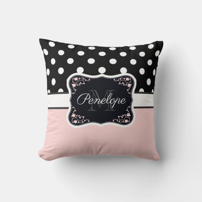 Pink & Black Dots Throw Pillow (Front)