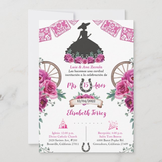 Pink Black Dress Charra Invitation, Charro Mexican (Front)