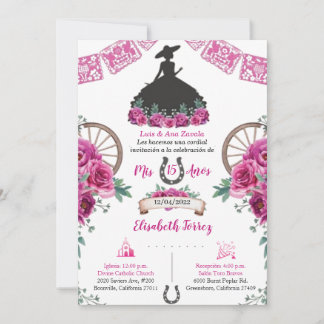 Pink Black Dress Charra Invitation, Charro Mexican
