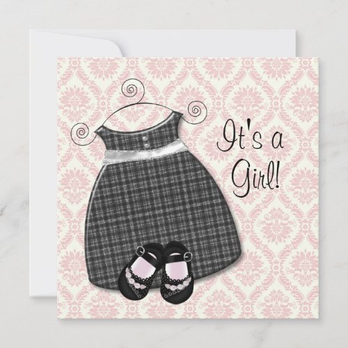 Pink Black Dress Shoes Pink Black Damask Baby Girl Invitation