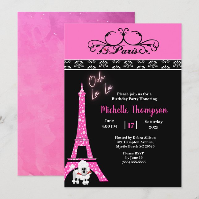 Pink Black Eiffel Tower Paris France  Birthday   Invitation (Front/Back)