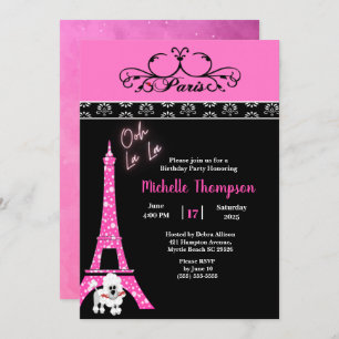 Pink Black Eiffel Tower Paris France Birthday Invitation