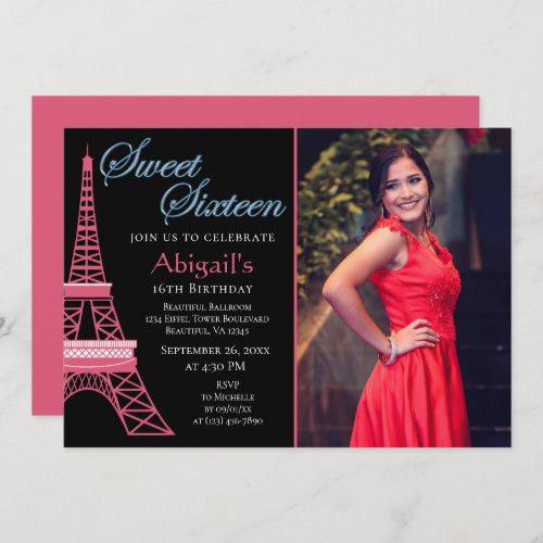 Pink Black Eiffel Tower Sweet Sixteen Photo Invitation