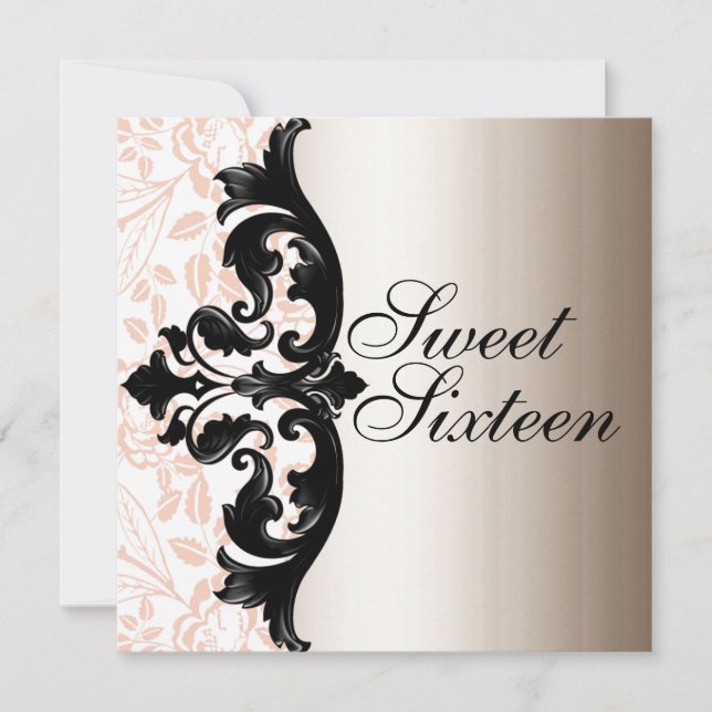 Pink & Black Elegant Damask Birthday Invitation (Front)