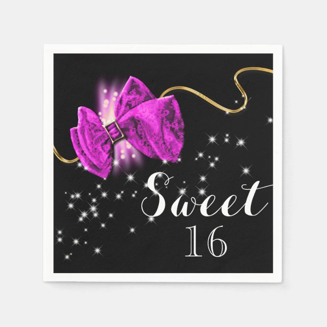 Pink black elegant glitter bow sparkle paper napkins (Front)