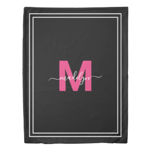 Pink Black Elegant Script Name Monogram Duvet Cover