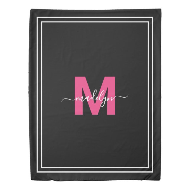 Pink Black Elegant Script Name Monogram Duvet Cover (Front)