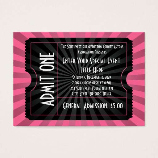 Customizable Pink+ Black Event Ticket, Lg Business Card Size