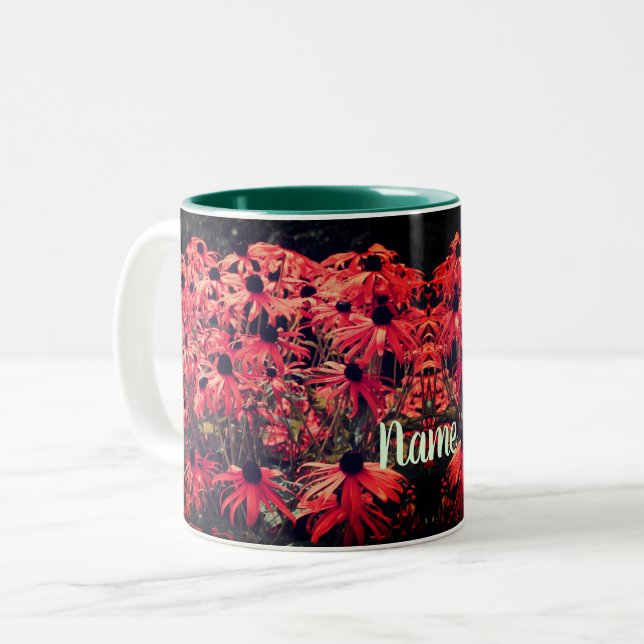 Pink Black Eyed Susan Floral Art Personalized Two-Tone Coffee Mug (Front Left)
