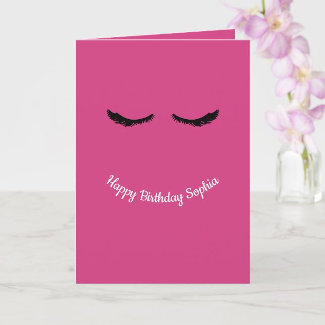 Pink Black Eyelashes Glam Personalized Birthday Card (Orchid)