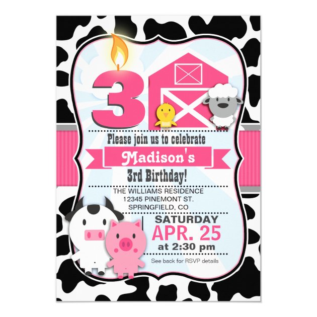 Pink & Black Farm Animal, Girl Birthday Party Invitation
