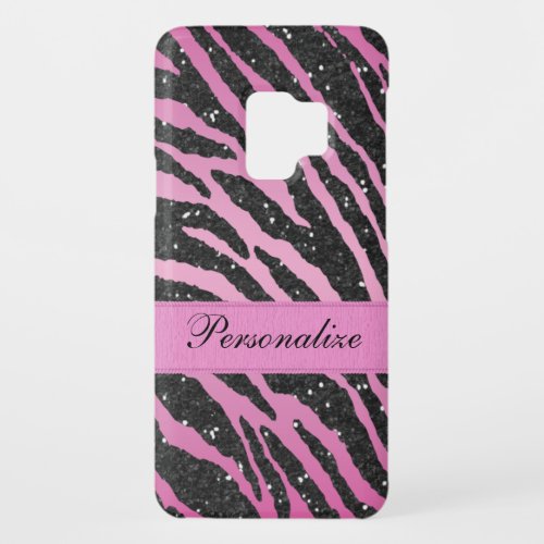 Pink  Black Faux Glitter Zebra Animal Print Case_Mate Samsung Galaxy S9 Case