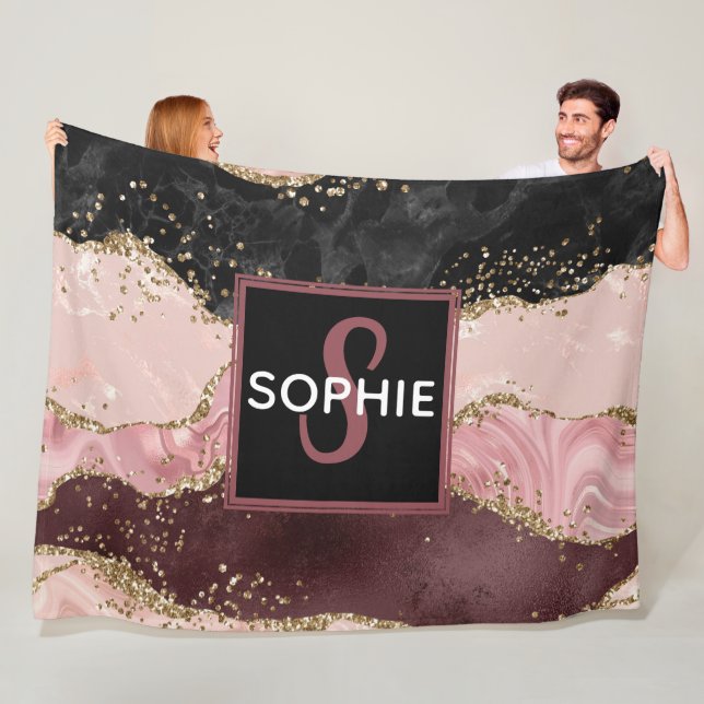 Pink & Black & Faux Gold Glitter Agate Monogram Fleece Blanket (In Situ)
