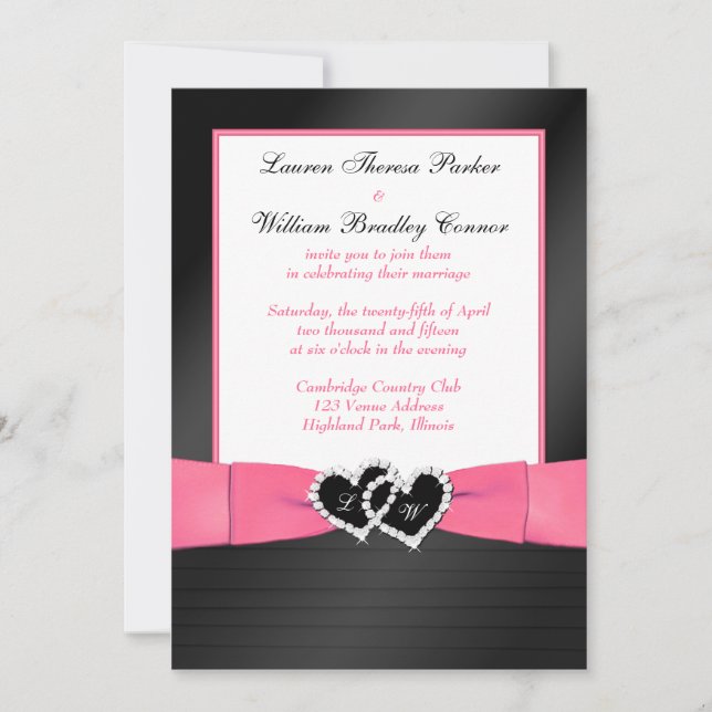 Pink, Black FAUX Pleats Hearts Wedding Invite 2 (Front)