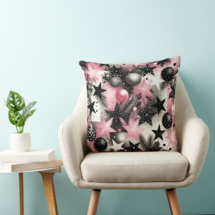 PINK & BLACK FESTIVE HOLIDAY STARS AND ORNAMENTS THROW PILLOW