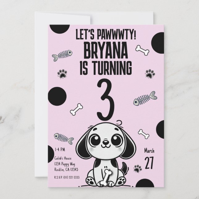 Pink & Black Fish Bones Puppy Dog Birthday Party  Invitation (Front)