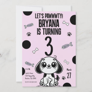 Pink & Black Fish Bones Puppy Dog Birthday Party Invitation