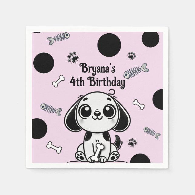 Pink & Black Fish Bones Puppy Dog Birthday Party  Napkins (Front)