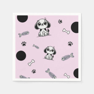 Pink & Black Fish Bones Puppy Dog Birthday Party Napkins