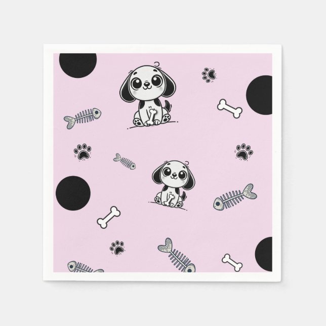 Pink & Black Fish Bones Puppy Dog Birthday Party  Napkins (Front)