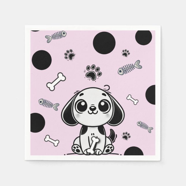 Pink & Black Fish Bones Puppy Dog Birthday Party  Napkins (Front)