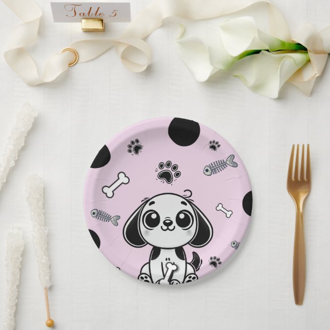 Pink & Black Fish Bones Puppy Dog Birthday Party  Paper Plates (Wedding)