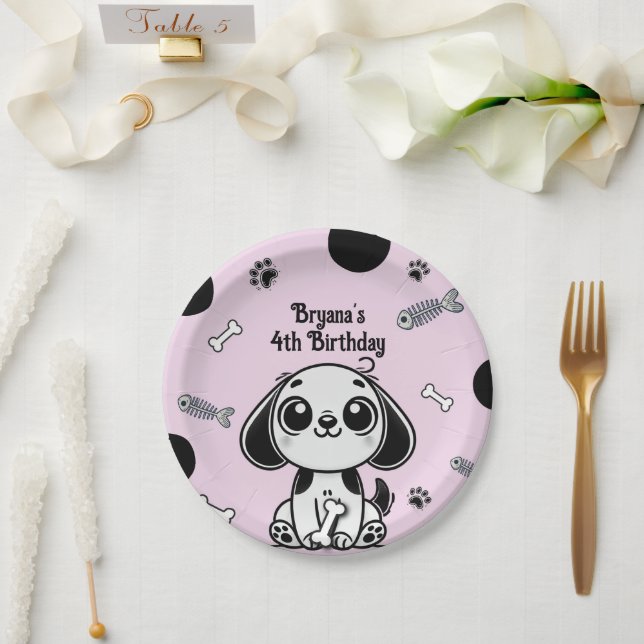 Pink & Black Fish Bones Puppy Dog Birthday Party  Paper Plates (Wedding)