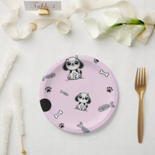 Pink & Black Fish Bones Puppy Dog Birthday Party  Paper Plates
