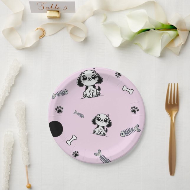 Pink & Black Fish Bones Puppy Dog Birthday Party  Paper Plates (Wedding)