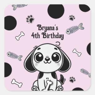 Pink & Black Fish Bones Puppy Dog Birthday Party Square Sticker