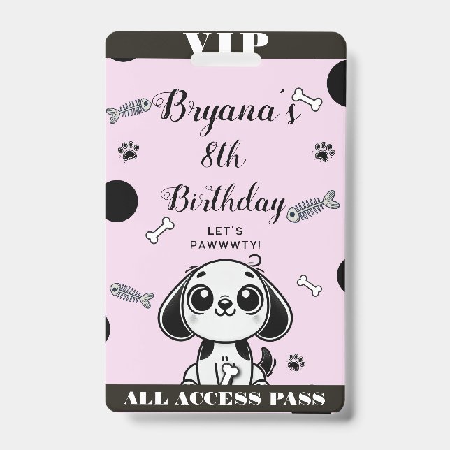 Pink Black Fish Bones Puppy Dog Birthday VIP Pass Badge (Front)