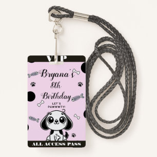 Pink Black Fish Bones Puppy Dog Birthday VIP Pass Badge