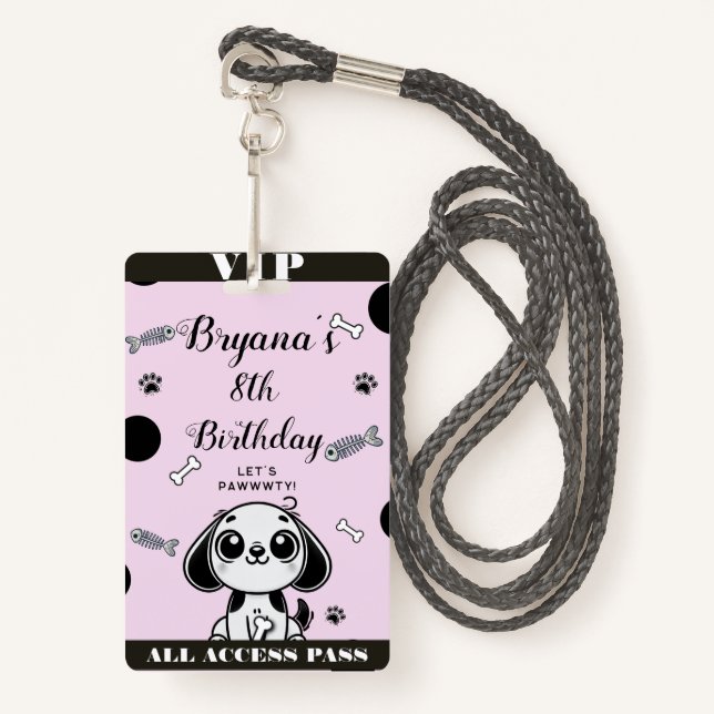 Pink Black Fish Bones Puppy Dog Birthday VIP Pass Badge (Front with Lanyard)