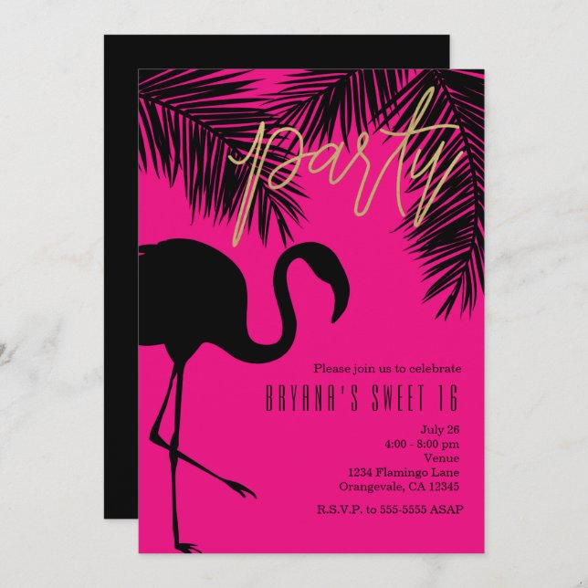 Pink & Black Flamingo & Palm Party Invitations (Front/Back)