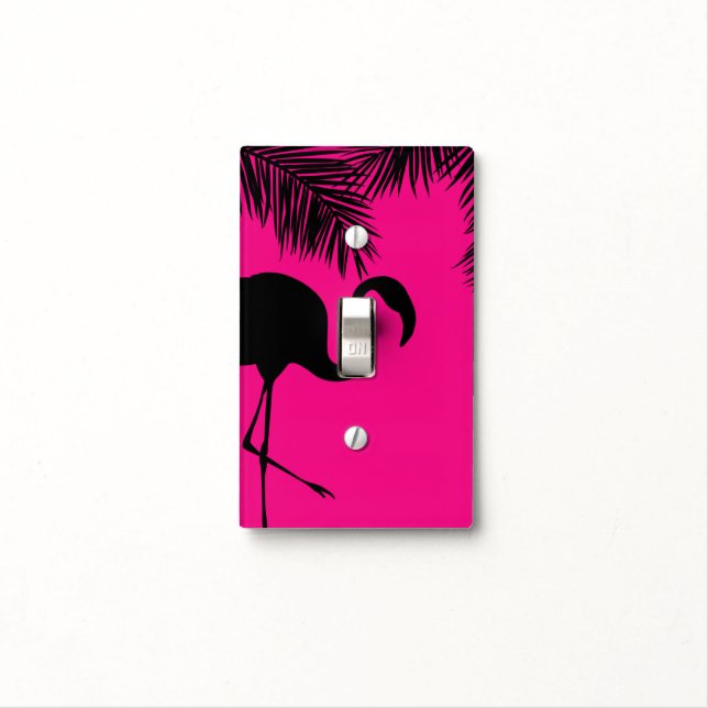 Pink & Black Flamingo & Palm Tree Tropical Chic Light Switch Cover (In Situ)