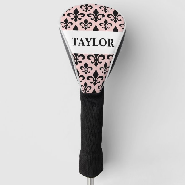 Pink Black Fleur De Lis Personalized Golf Head Cover (Front)